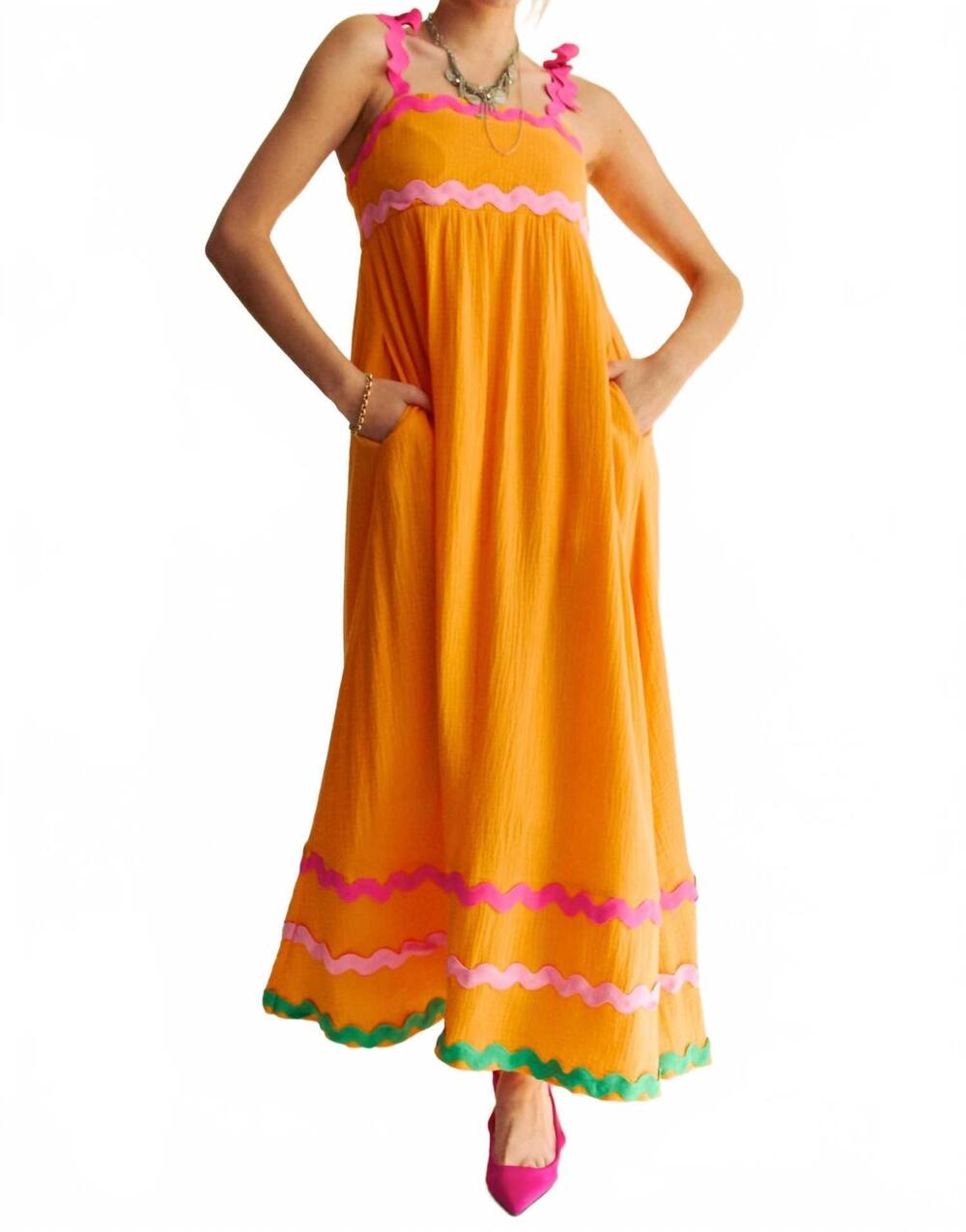 NEW DAVI & DANI double gauze tie wavy trim detail maxi dress in sunrise orange